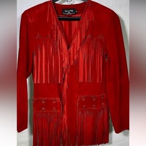 Patricia Wolf hand painted red leather fringe jacket valentine S